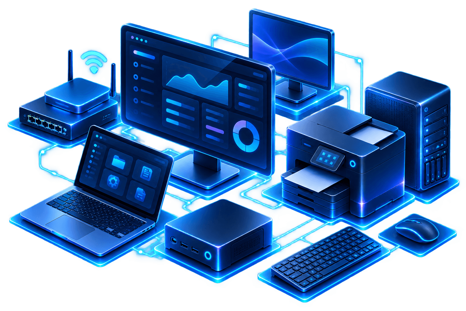 Illustration de matériel informatique professionnel avec postes, serveurs, impression et réseau