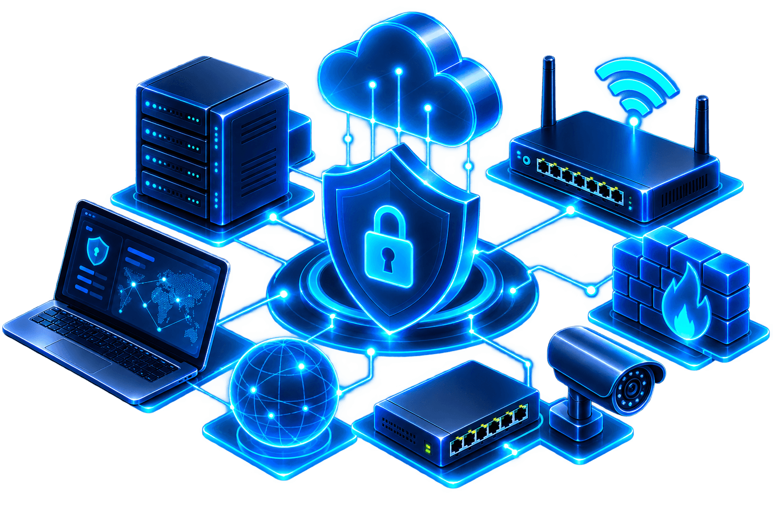Illustration réseau et cybersécurité avec firewall, routeur, serveur et protection des accès