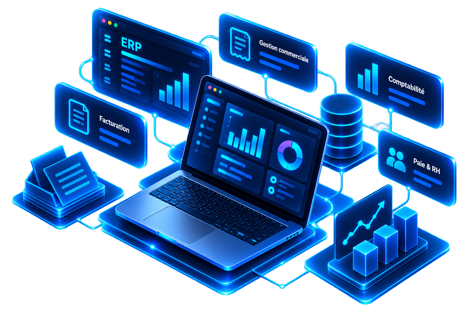 Illustration de logiciels de gestion et ERP avec gestion commerciale, comptabilité et reporting