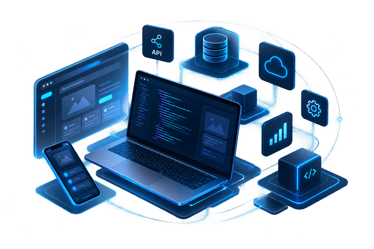 Illustration du développement sur mesure d’applications métiers, plateformes web, API et bases de données