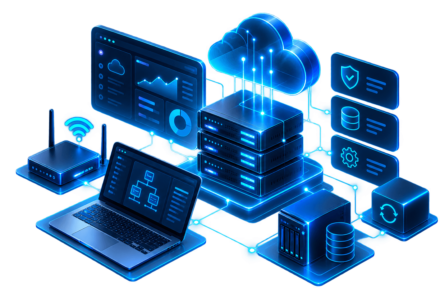 Illustration d’une infrastructure informatique avec serveurs, cloud, stockage et équipements réseau